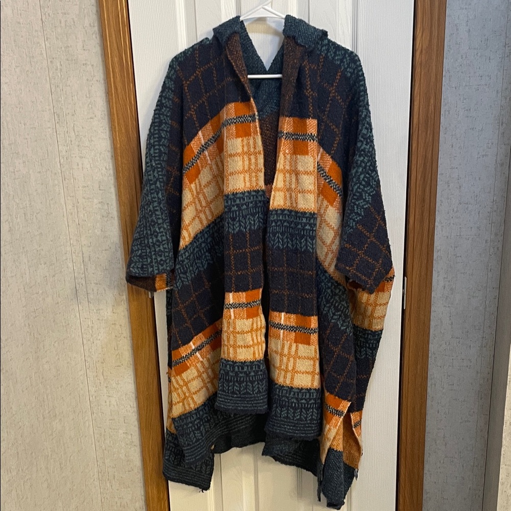 Plaid Hooded Poncho with Orange and Blue